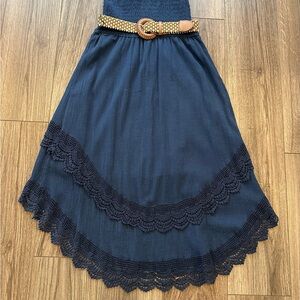 Maurices Navy strapless dress with layered lace hem and belt.